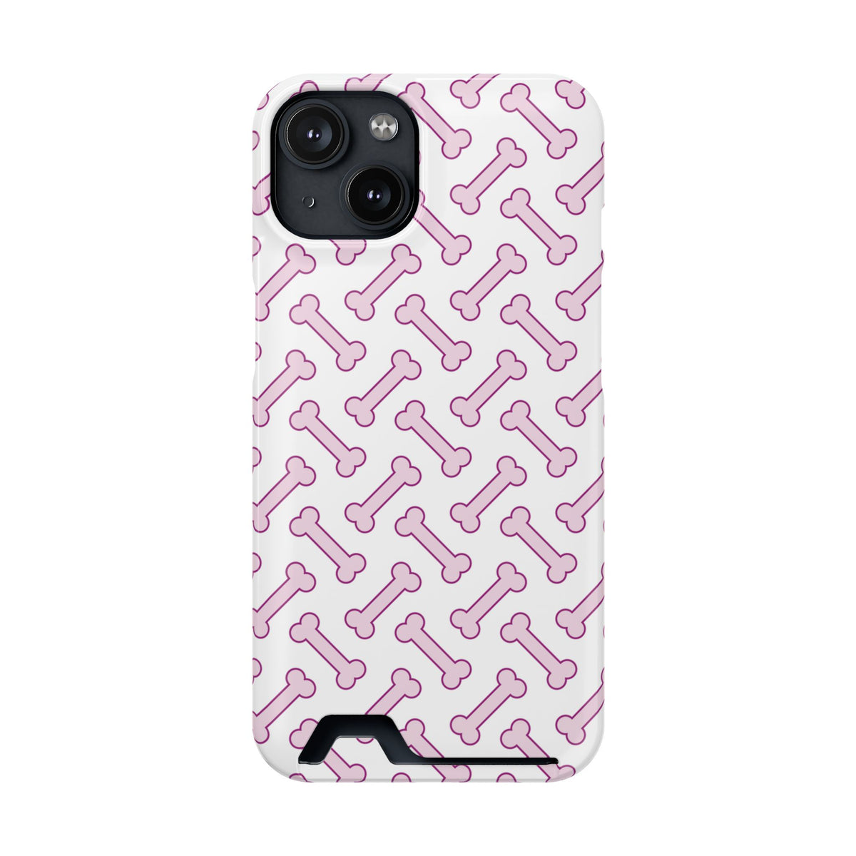 Pink Dog Bone phone case with card holder for iPhone 14, glossy finish