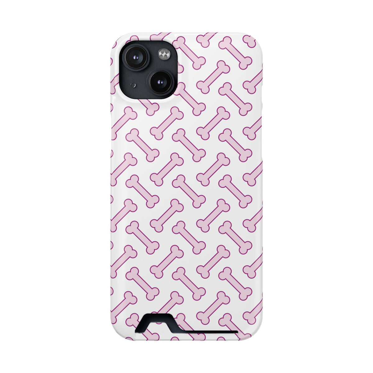 Pink Dog Bone phone case with card holder for iPhone 14 Plus, glossy finish