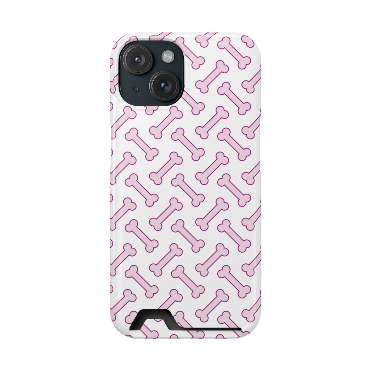 Pink Dog Bone phone case with card holder for iPhone 15, glossy finish