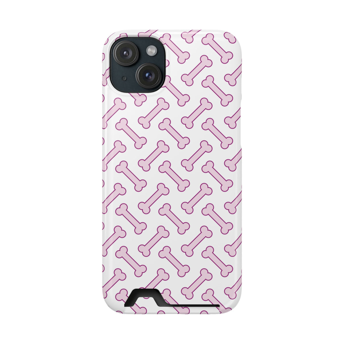 Pink Dog Bone phone case with card holder for iPhone 15 Plus, glossy finish