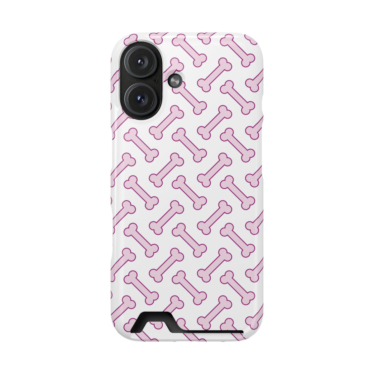 Pink Dog Bone phone case with card holder for iPhone 16, glossy finish