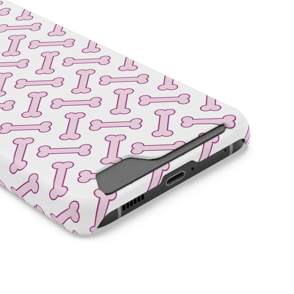 Pink Dog Bone phone case with card holder, close-up of the card slot