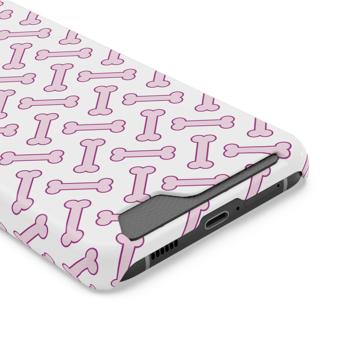 Pink Dog Bone phone case with card holder, close-up of the card slot