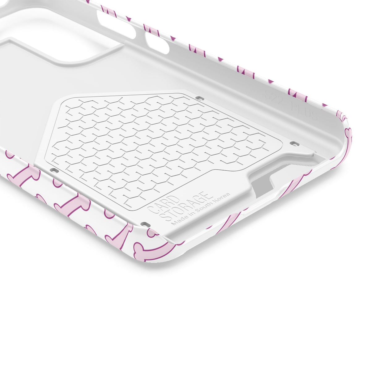 Pink Dog Bone phone case with card holder, close-up of the inside