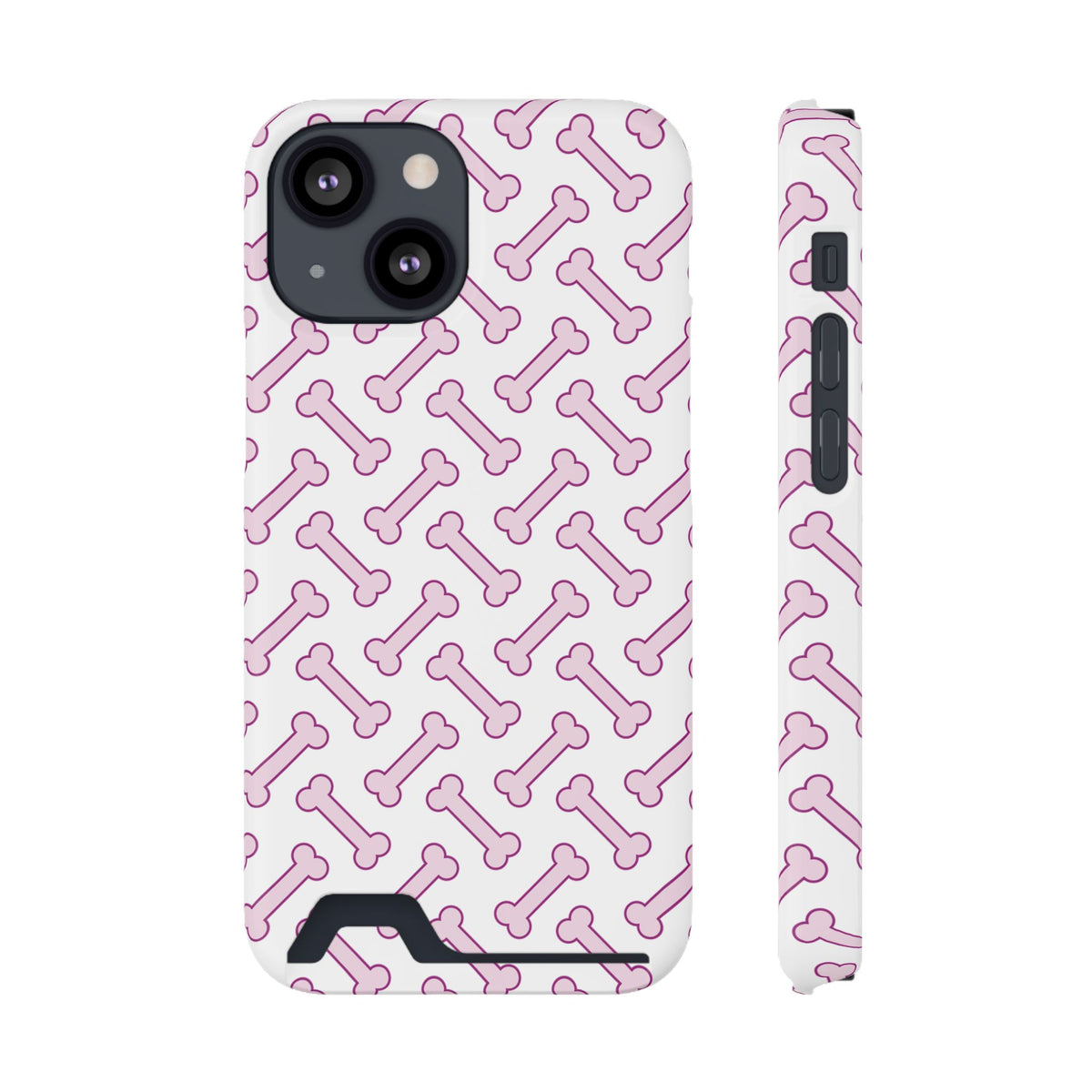 Pink Dog Bone phone case with card holder for iPhone 13 Mini, glossy finish