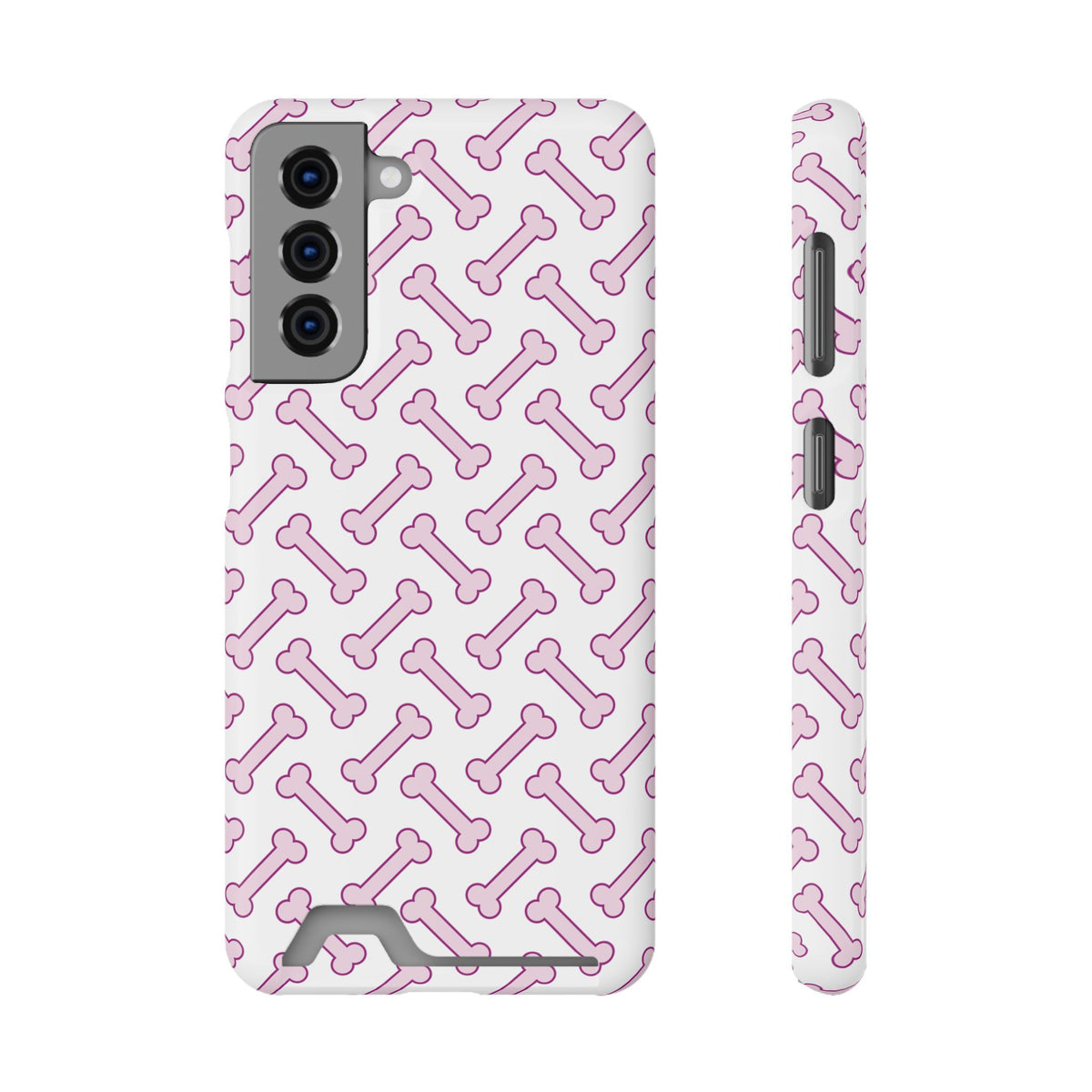 Pink Dog Bone phone case with card holder for Samsung Galaxy S21, glossy finish