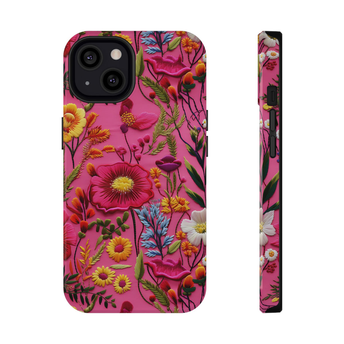 Pink Folk Floral protective phone case for iPhone 13, glossy finish