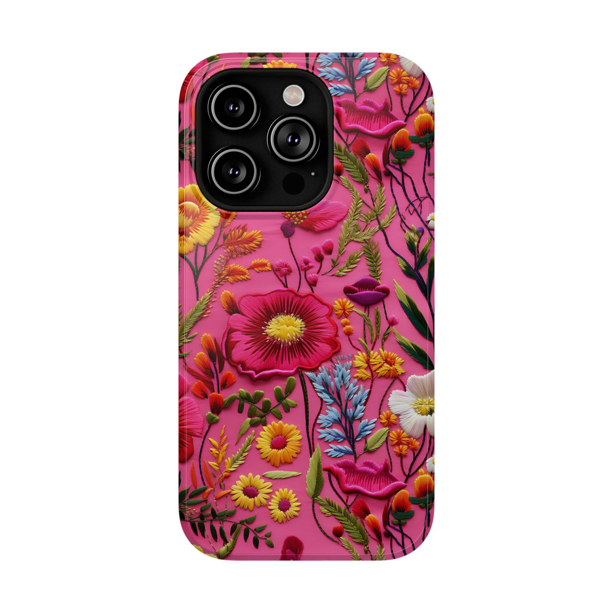 Pink Folk Floral protective phone case for iPhone 14 Pro, glossy finish