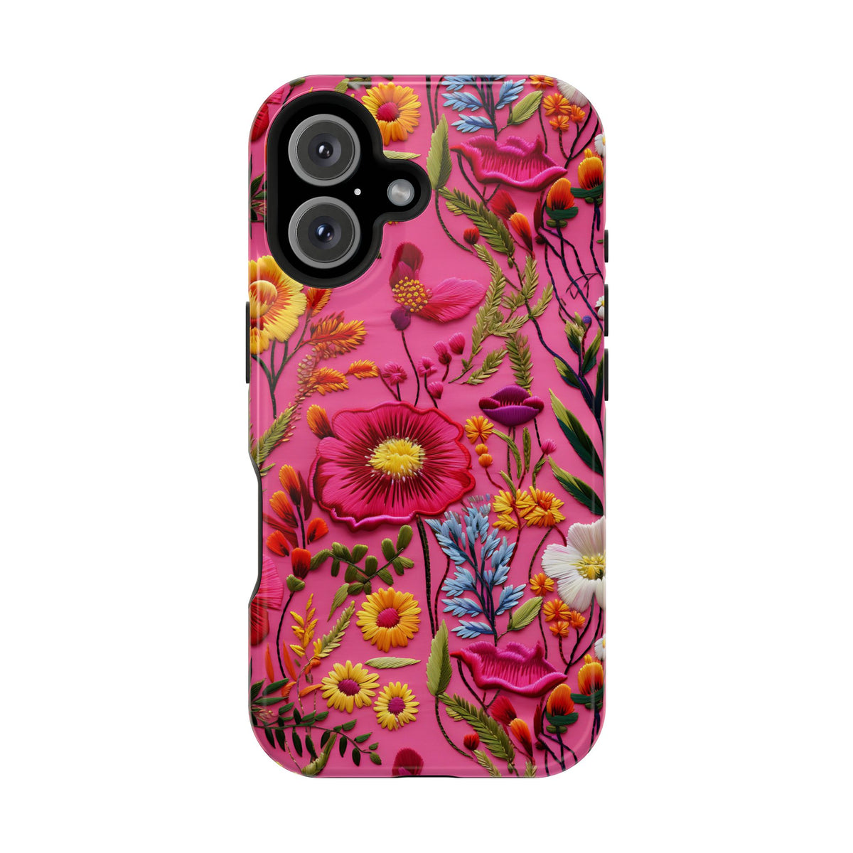 Pink Folk Floral protective phone case for iPhone 16, glossy finish