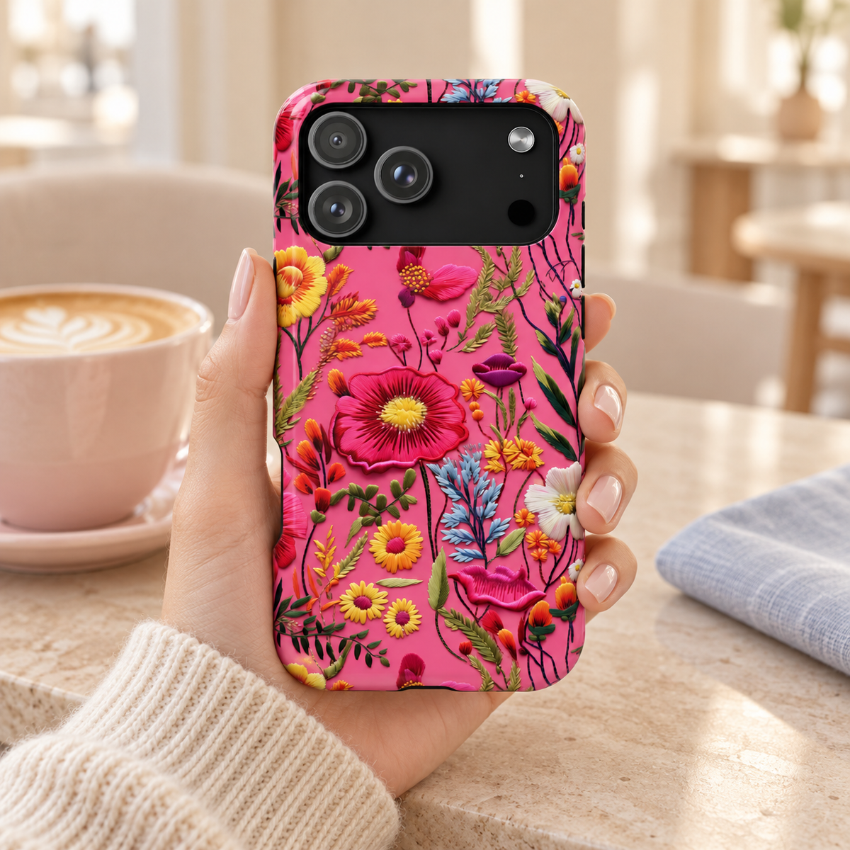 Pink Folk Floral protective phone case, bright folk-style flowers on hot pink, lifestyle photo in hand with coffee