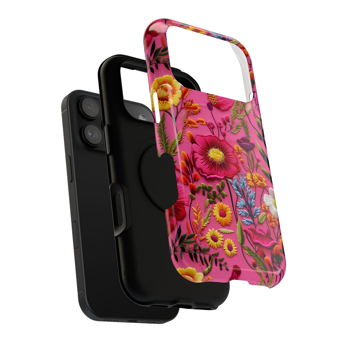 Pink Folk Floral protective phone case, close-up of the dual-layer construction