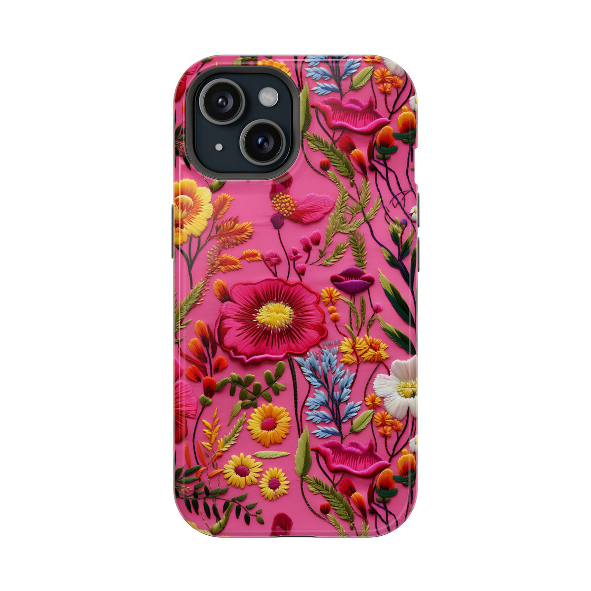 Pink Folk Floral MagSafe case for iPhone 15, glossy finish