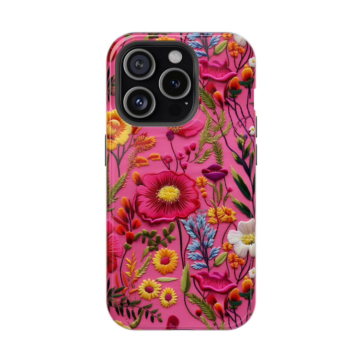 Pink Folk Floral MagSafe case for iPhone 15 Pro, glossy finish