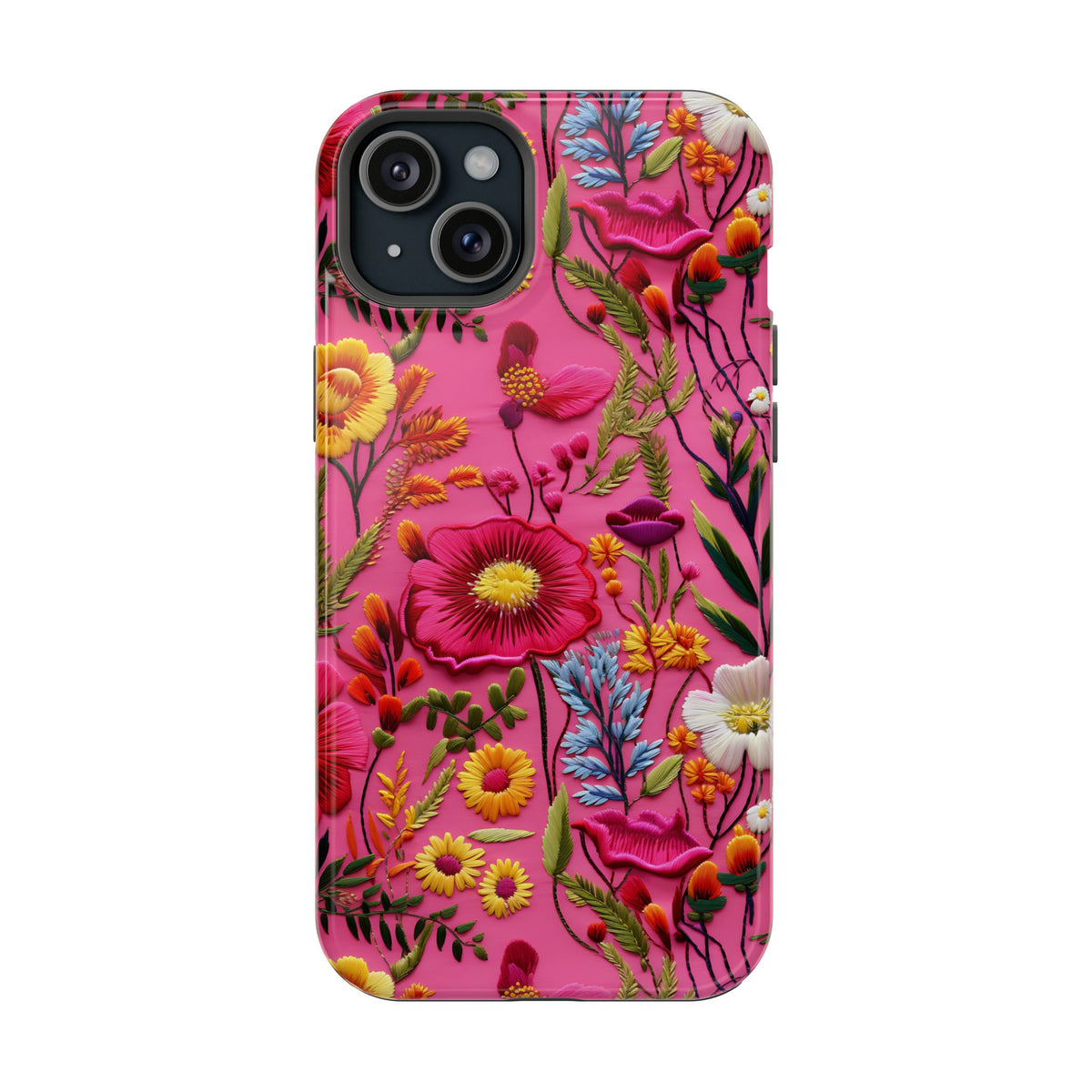 Pink Folk Floral MagSafe case for iPhone 15 Plus, glossy finish