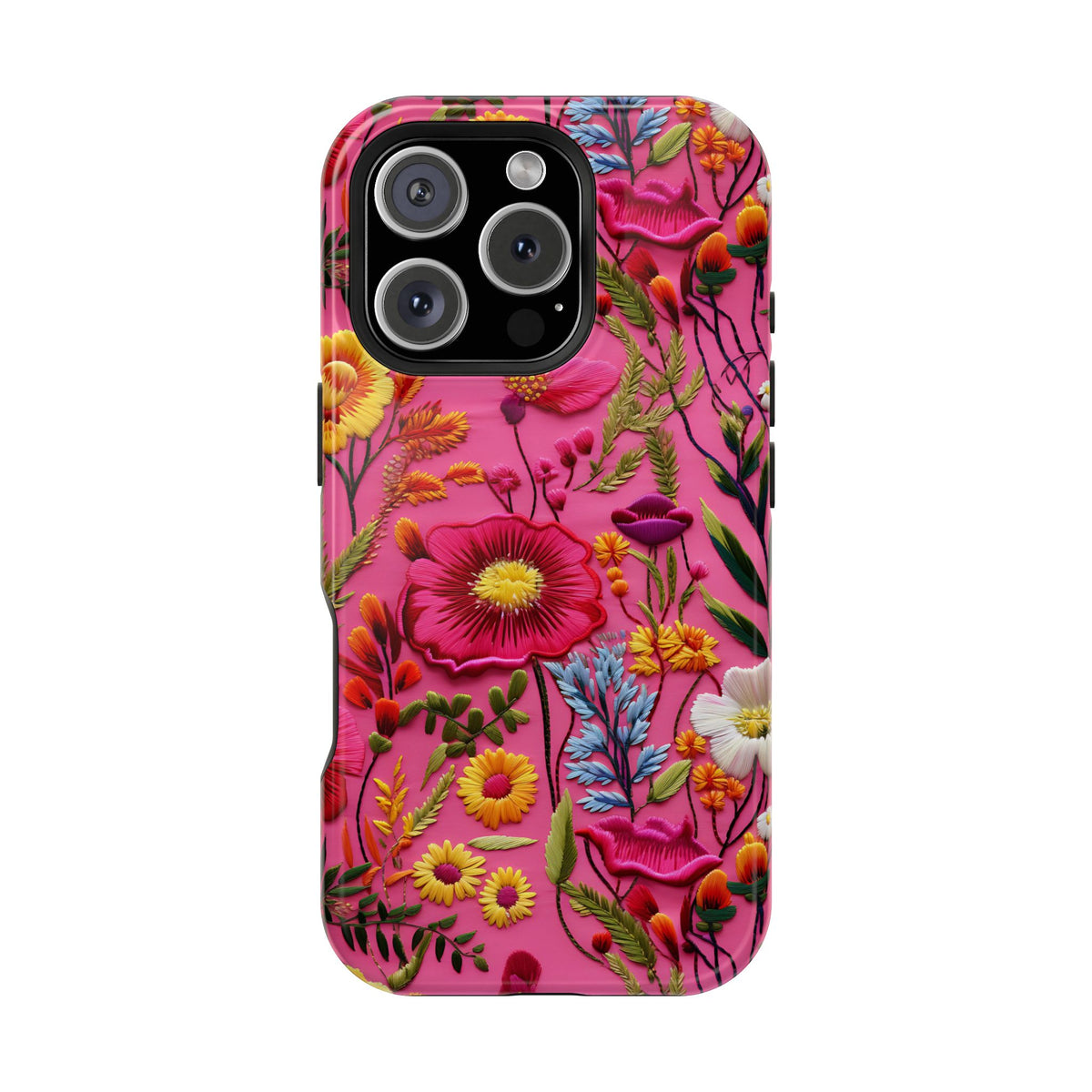 Pink Folk Floral MagSafe case for iPhone 16 Pro, glossy finish