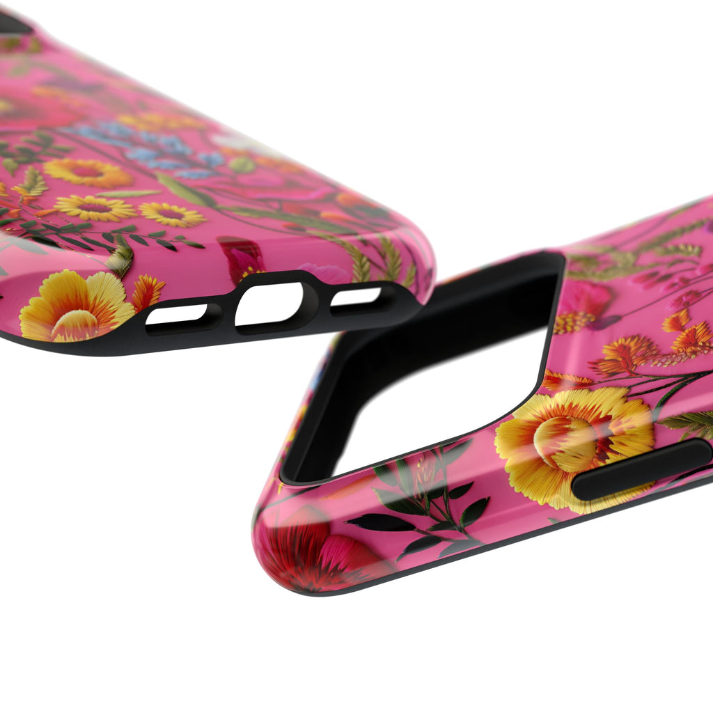 Pink Folk Floral MagSafe case, close-up at an angle