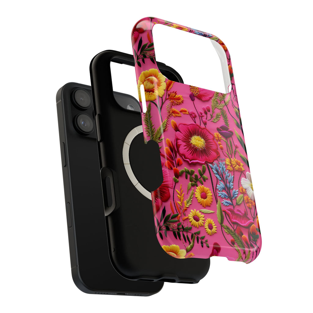 Pink Folk Floral MagSafe case, close-up of the dual-layer construction