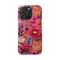 Pink Folk Floral phone case with card holder for iPhone 16 Pro, glossy finish