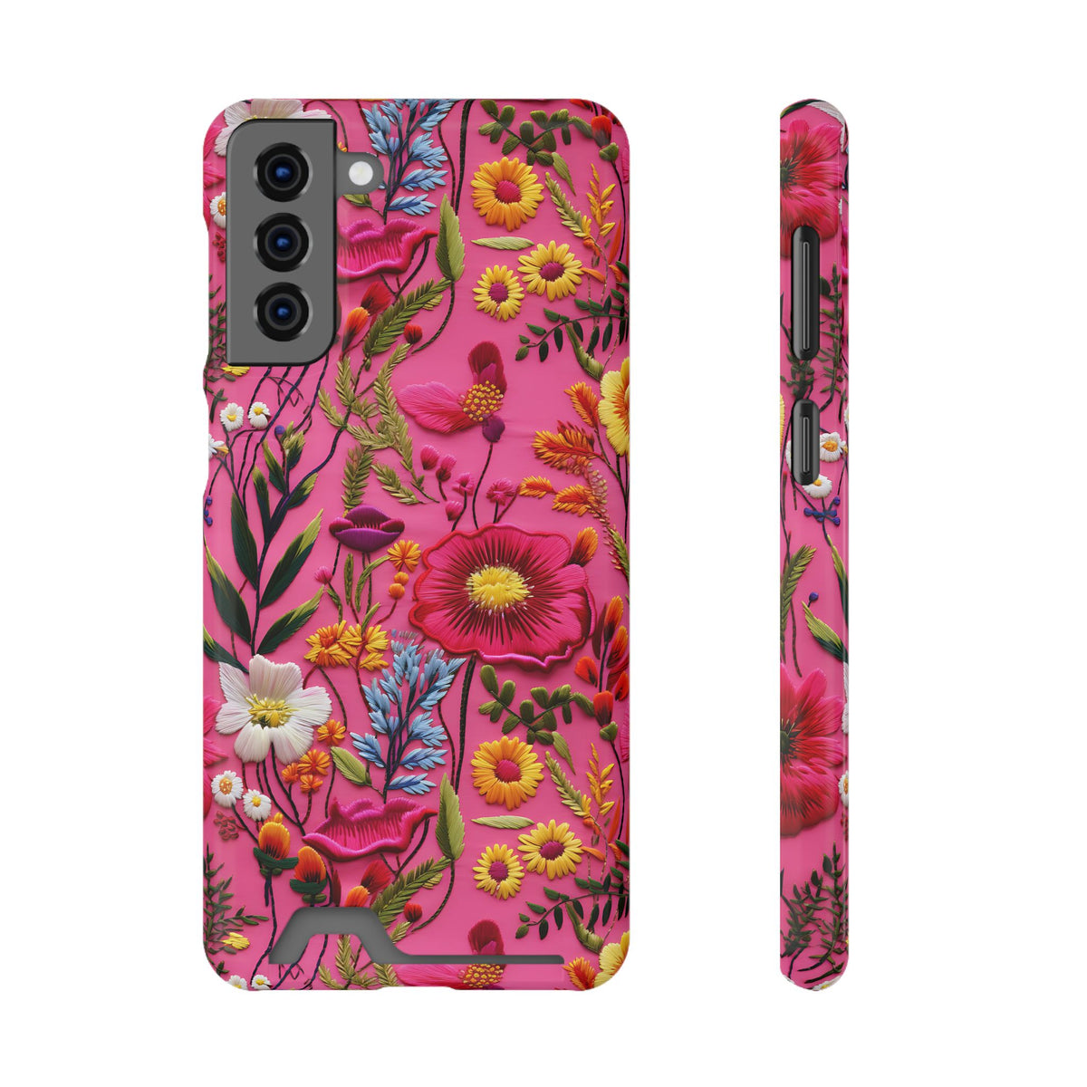 Pink Folk Floral phone case with card holder for Samsung Galaxy S21 Plus, glossy finish