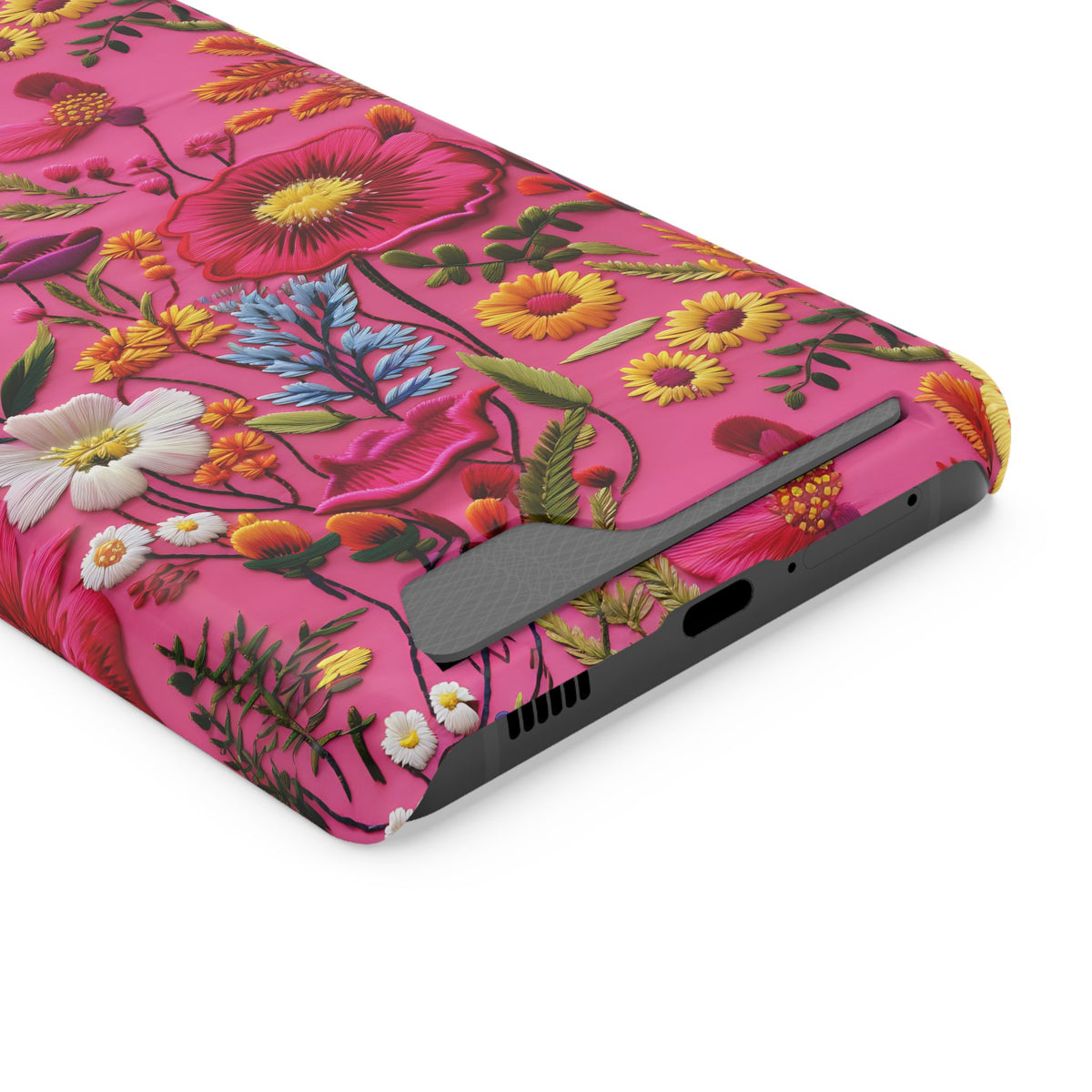 Pink Folk Floral phone case with card holder for Samsung Galaxy S21 Ultra, glossy finish