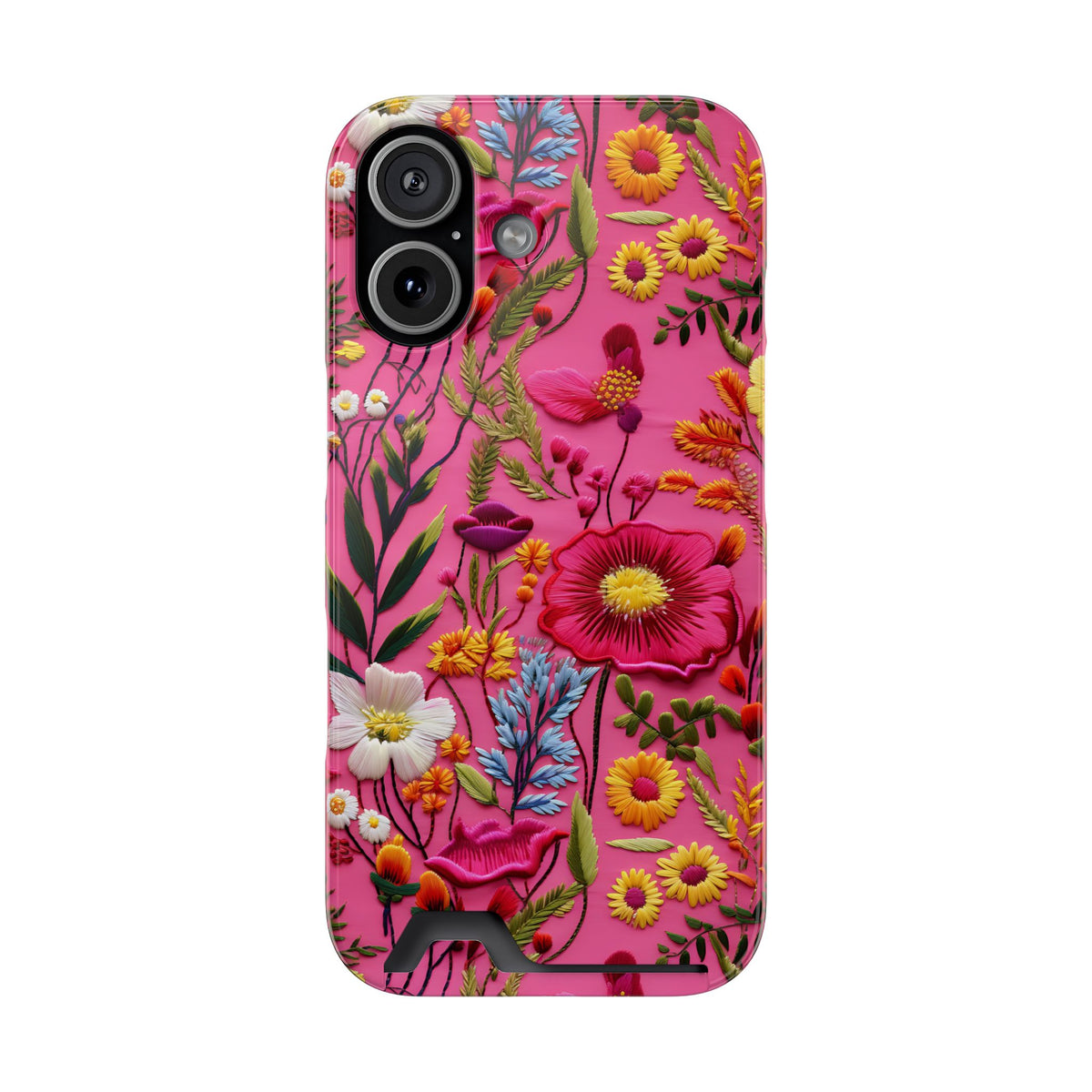 Pink Folk Floral phone case with card holder for iPhone 17, glossy finish