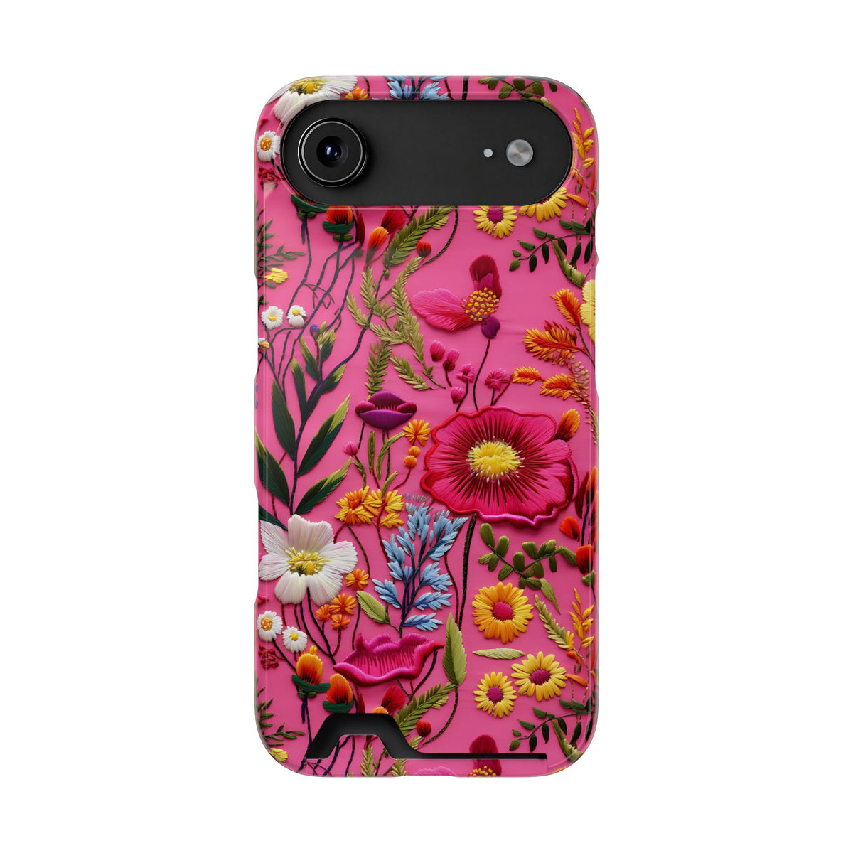 Pink Folk Floral phone case with card holder for iPhone 17 Air, glossy finish