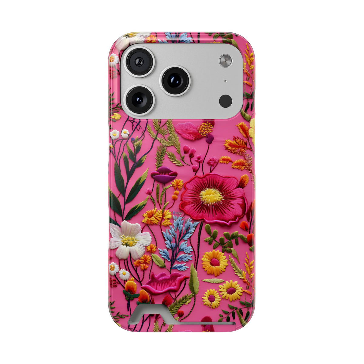 Pink Folk Floral phone case with card holder for iPhone 17 Pro, glossy finish