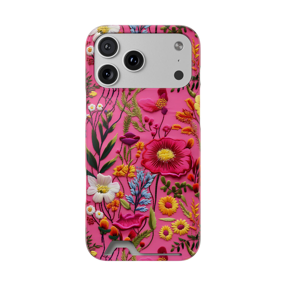 Pink Folk Floral phone case with card holder for iPhone 17 Pro Max, glossy finish