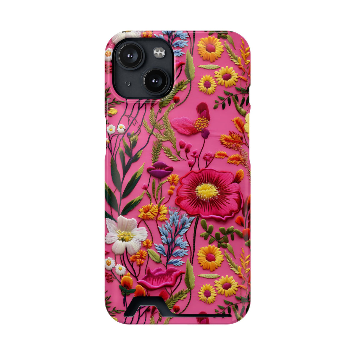 Pink Folk Floral phone case with card holder for iPhone 14, glossy finish