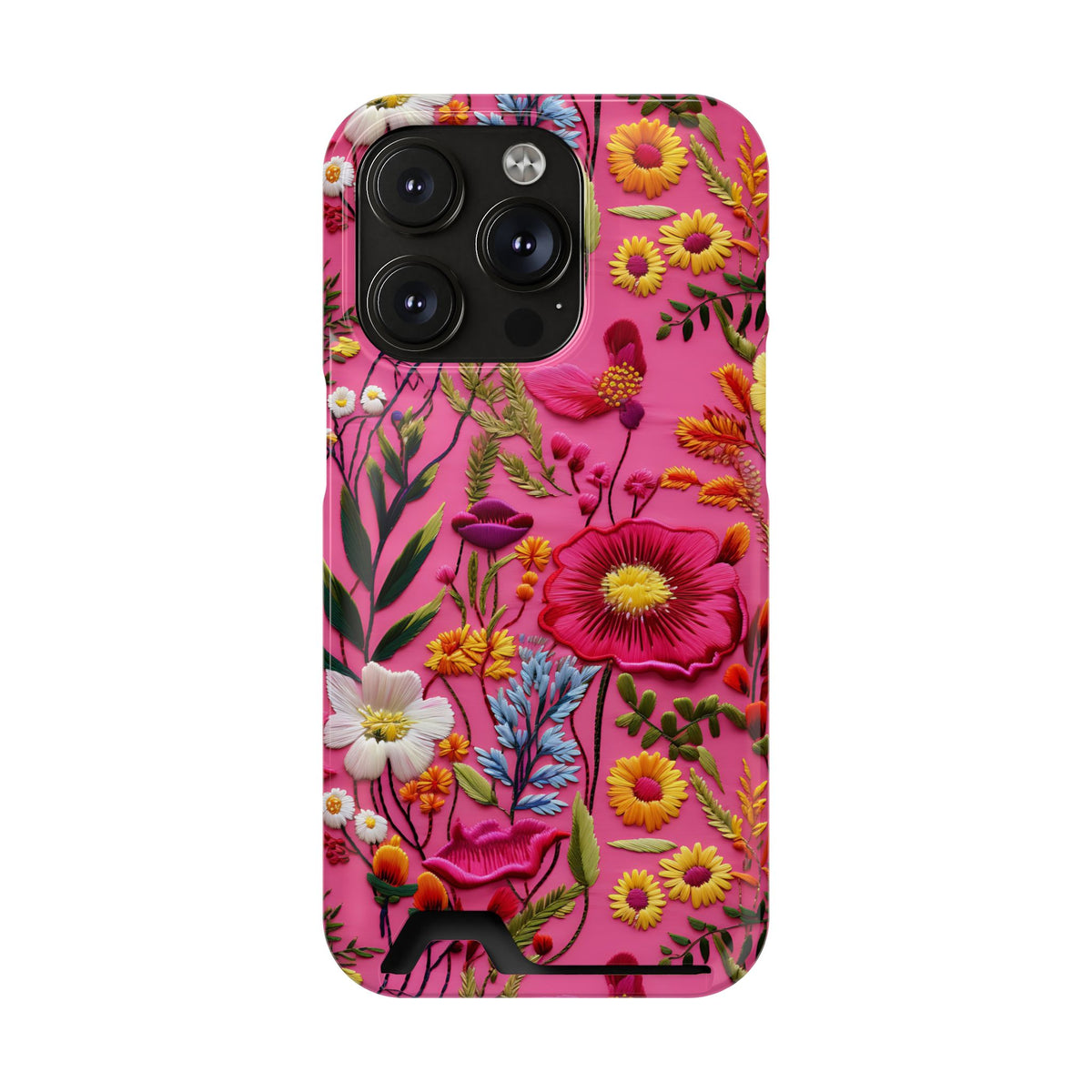 Pink Folk Floral phone case with card holder for iPhone 14 Pro, glossy finish