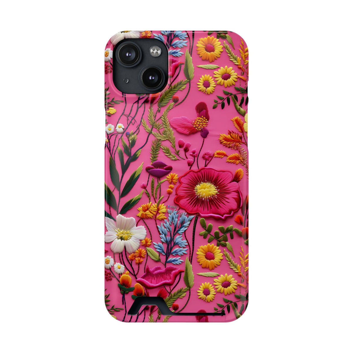 Pink Folk Floral phone case with card holder for iPhone 14 Plus, glossy finish