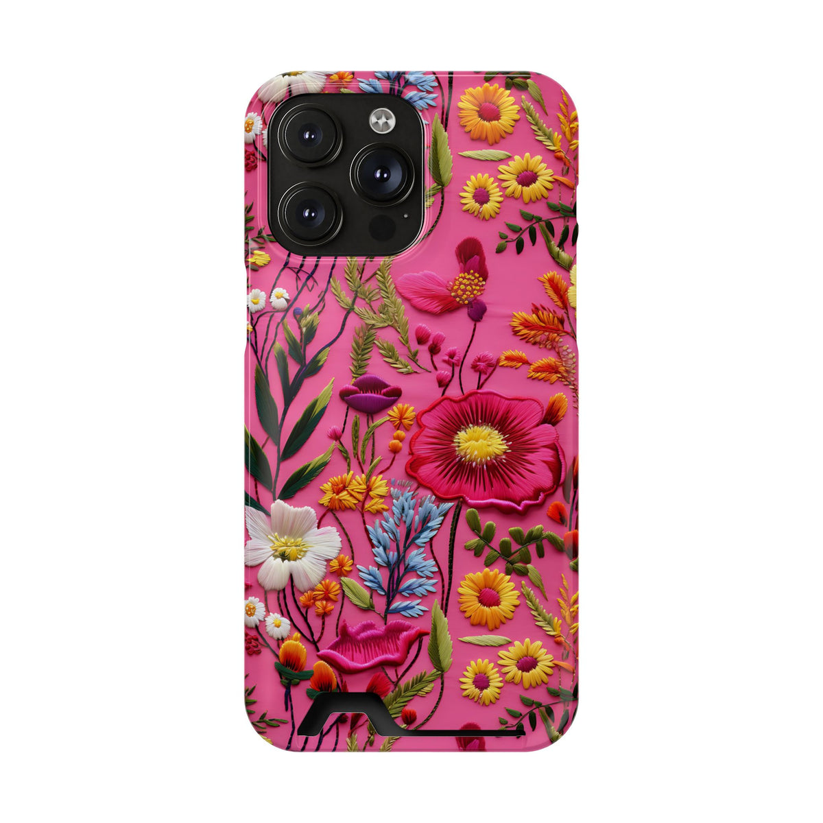 Pink Folk Floral phone case with card holder for iPhone 14 Pro Max, glossy finish