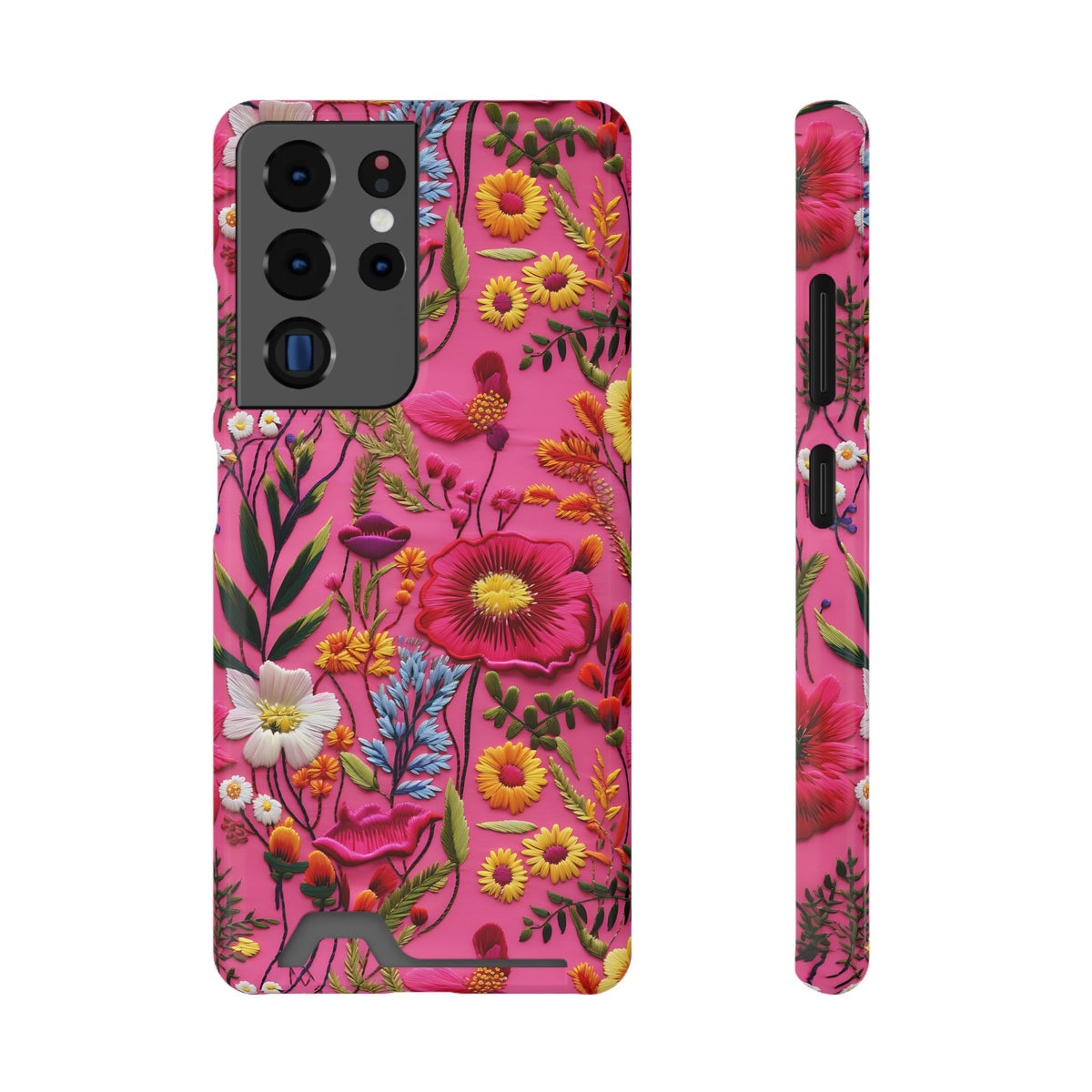 Pink Folk Floral phone case with card holder for Samsung Galaxy S22 Plus, glossy finish