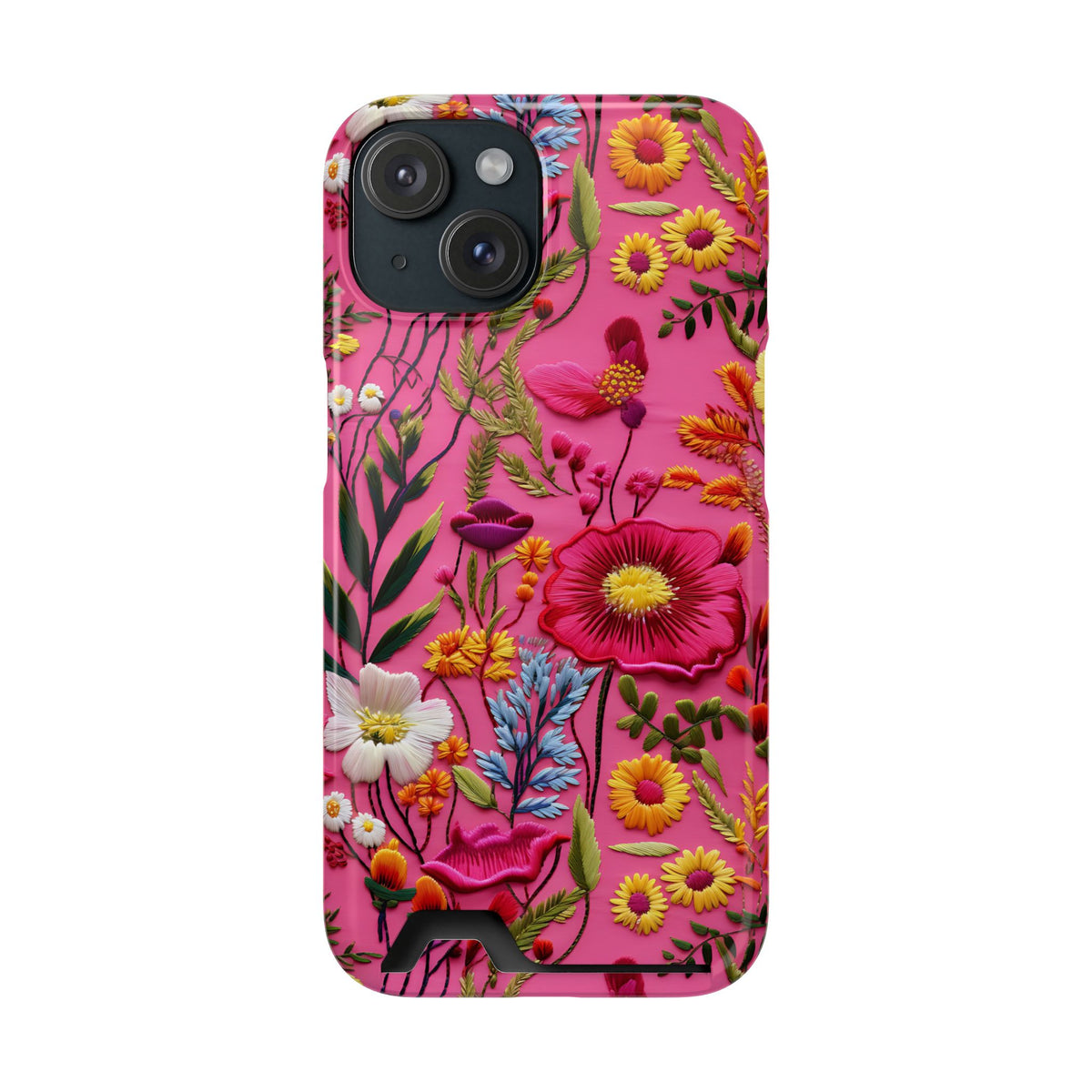 Pink Folk Floral phone case with card holder for iPhone 15, glossy finish