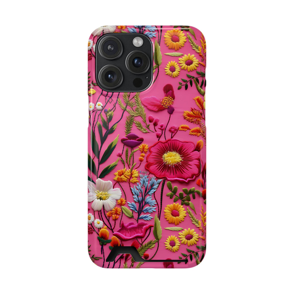 Pink Folk Floral phone case with card holder for iPhone 15 Pro Max, glossy finish