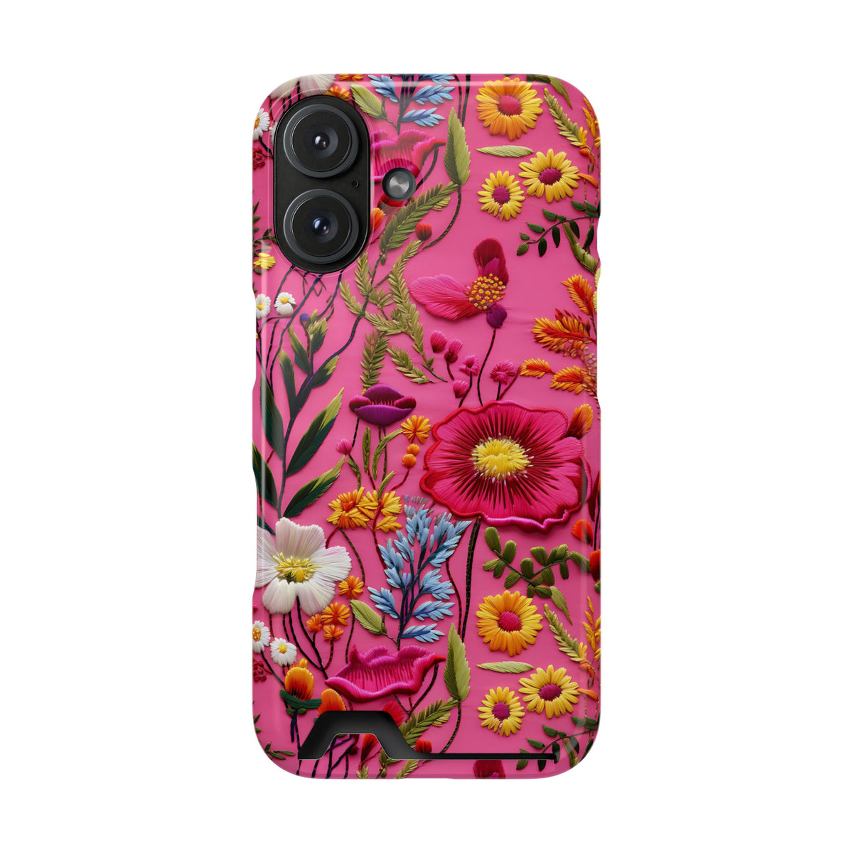 Pink Folk Floral phone case with card holder for iPhone 16, glossy finish