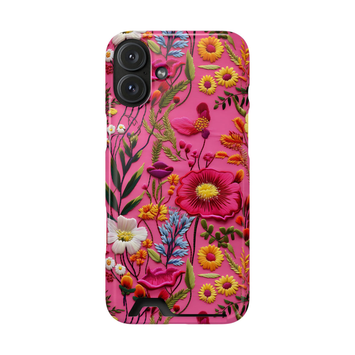 Pink Folk Floral phone case with card holder for iPhone 16 Plus, glossy finish