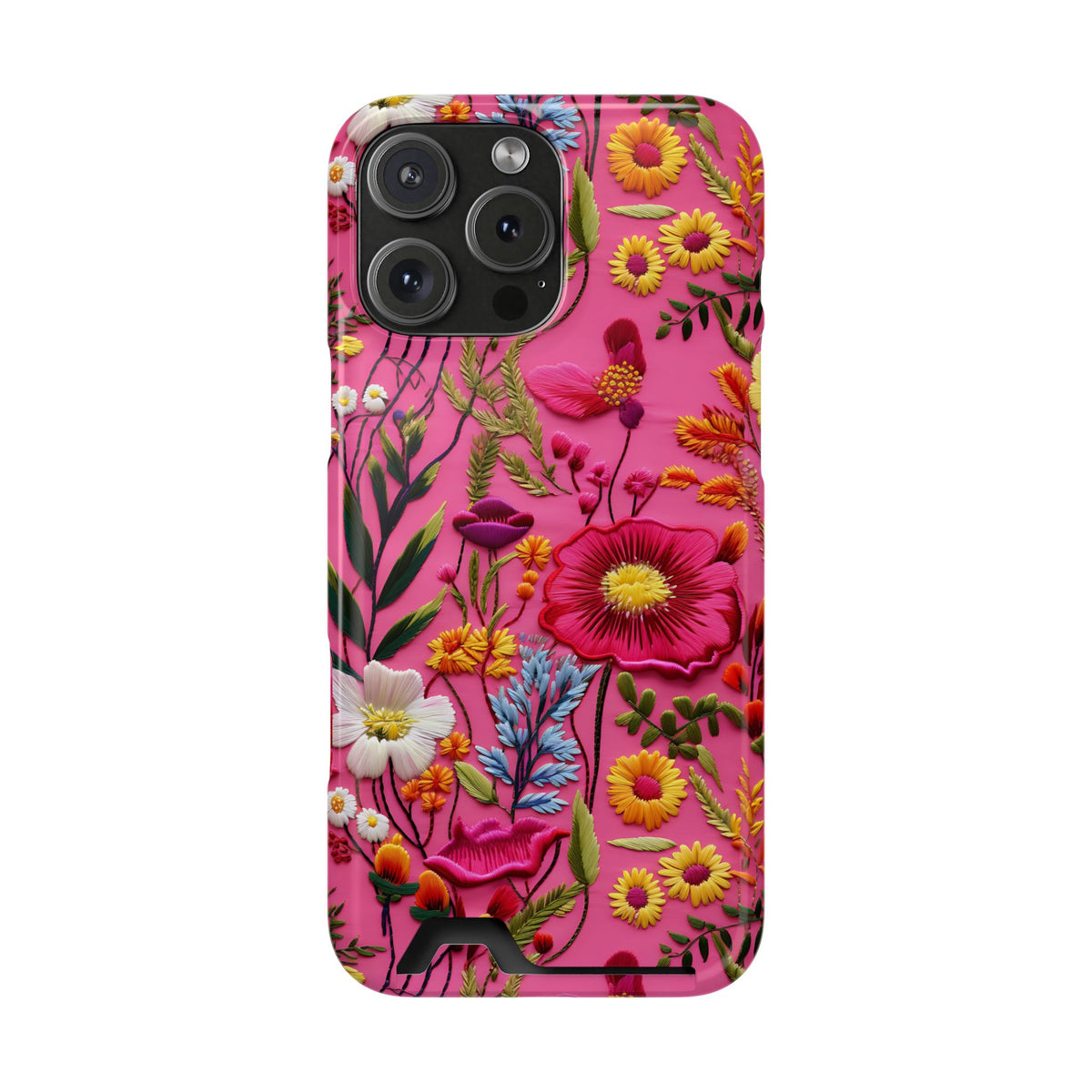 Pink Folk Floral phone case with card holder for iPhone 16 Pro Max, glossy finish