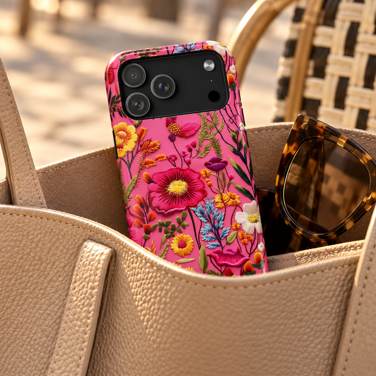 Pink Folk Floral phone case with card holder, bright folk-style flowers on hot pink, lifestyle photo in a handbag