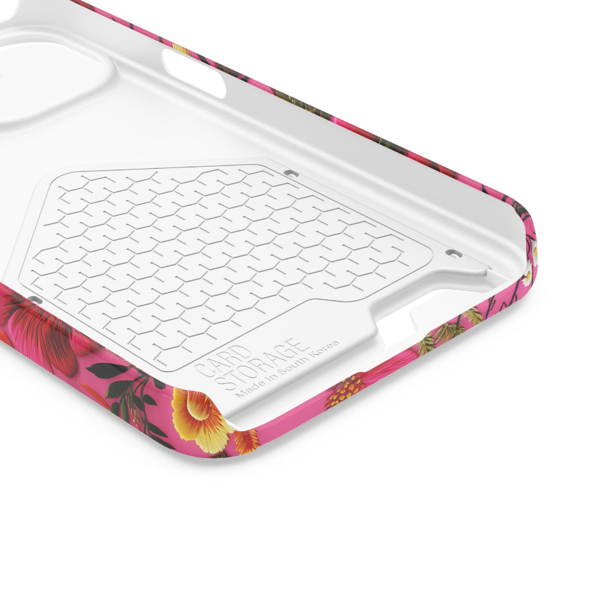 Pink Folk Floral phone case with card holder for iPhone 13, glossy finish