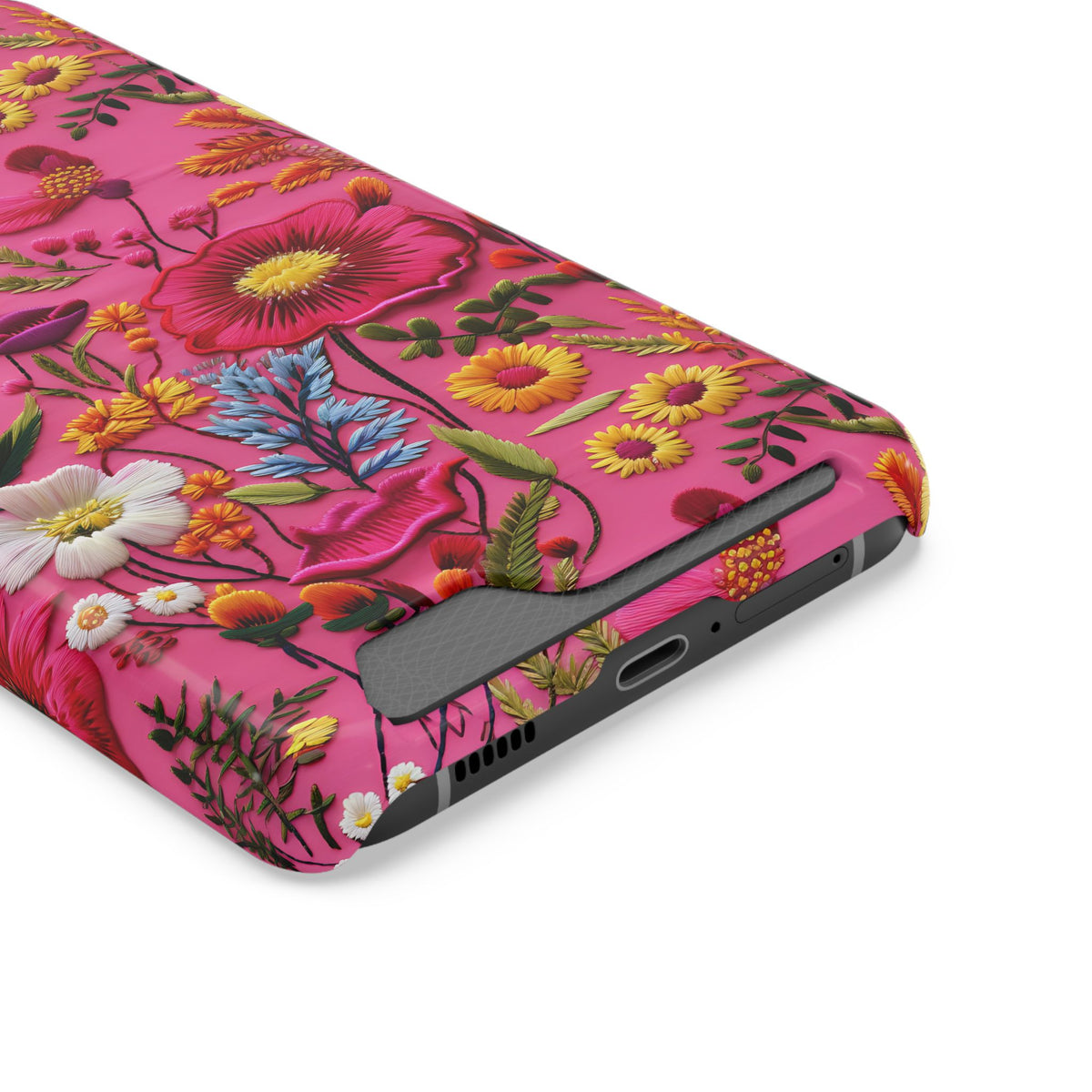Pink Folk Floral phone case with card holder, close-up of the card slot