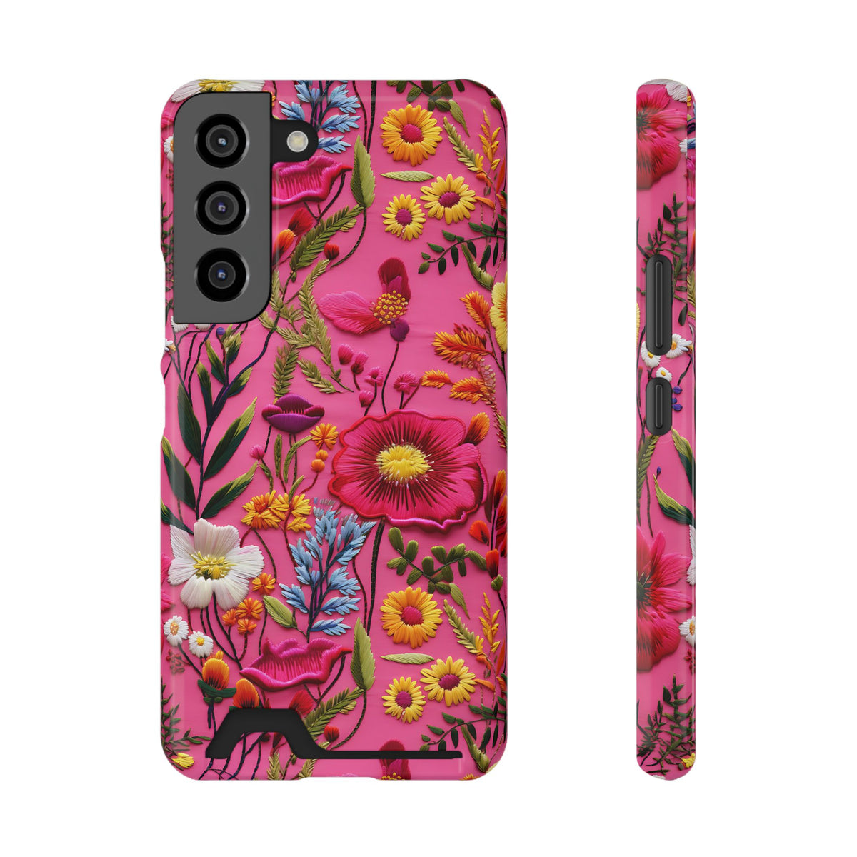 Pink Folk Floral phone case with card holder for Samsung Galaxy S22, glossy finish