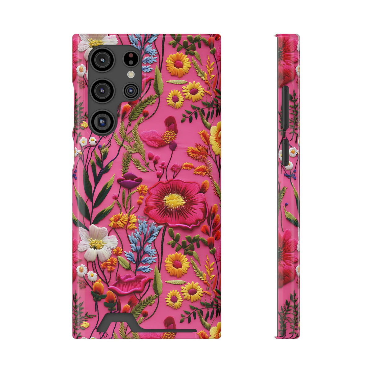 Pink Folk Floral phone case with card holder for Samsung Galaxy S22 Ultra, glossy finish
