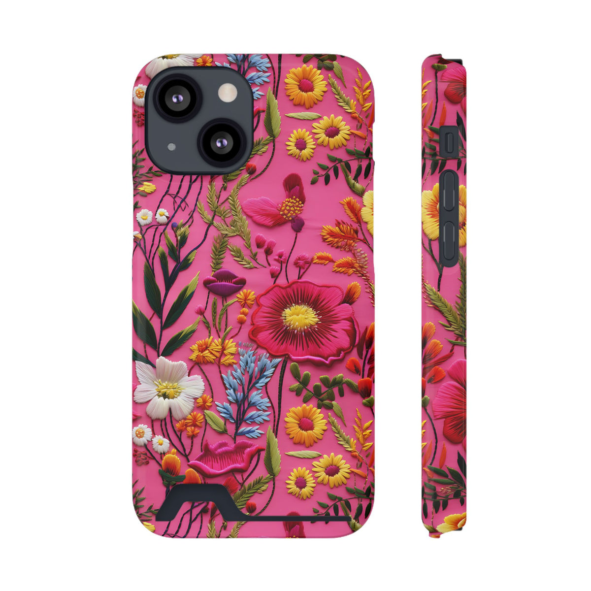 Pink Folk Floral phone case with card holder for iPhone 13 Mini, glossy finish