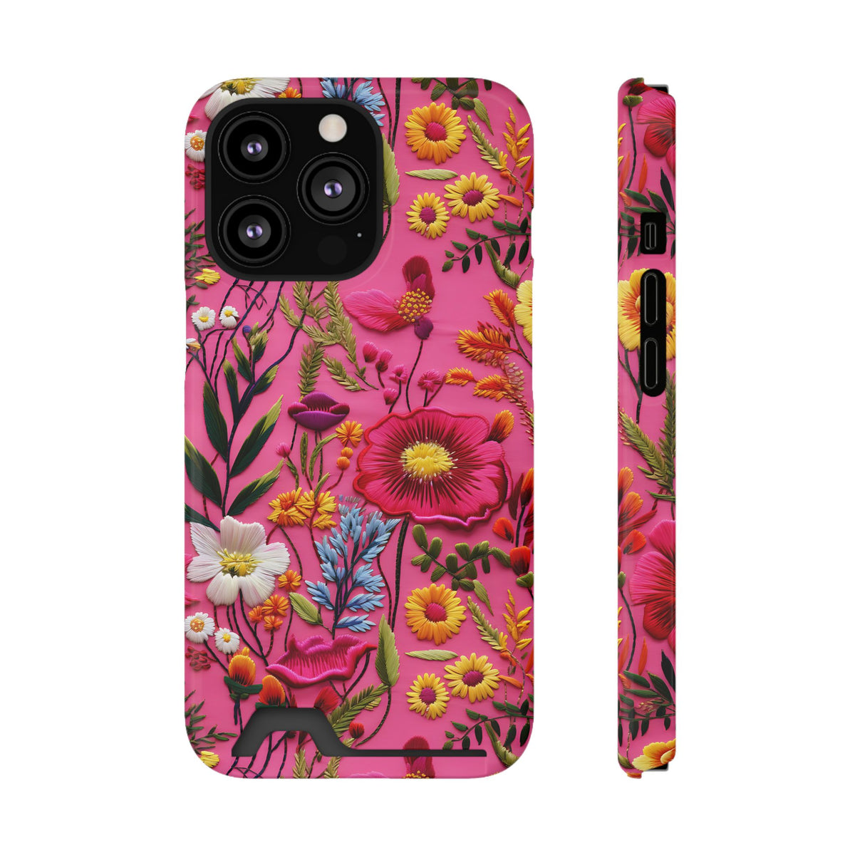Pink Folk Floral phone case with card holder for iPhone 13 Pro, glossy finish