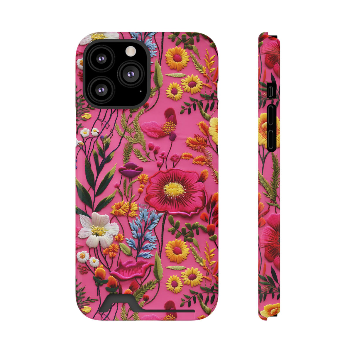 Pink Folk Floral phone case with card holder for iPhone 13 Pro Max, glossy finish