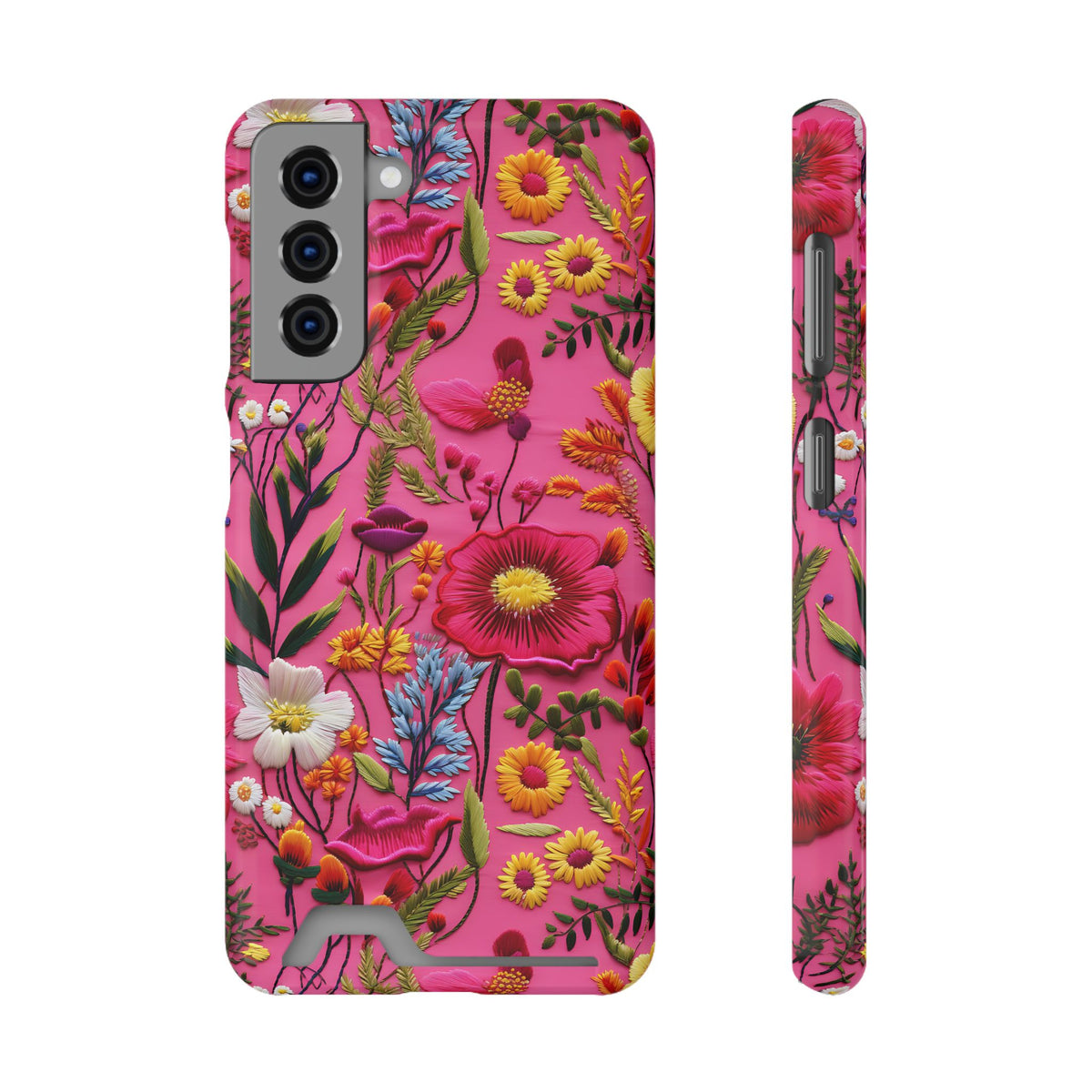 Pink Folk Floral phone case with card holder for Samsung Galaxy S21, glossy finish