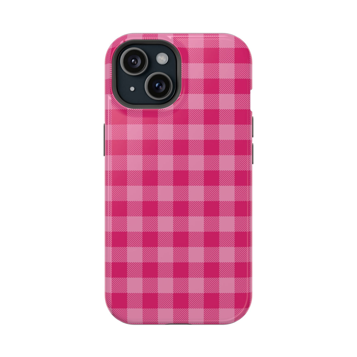 Pink Gingham protective phone case for iPhone 15, glossy finish