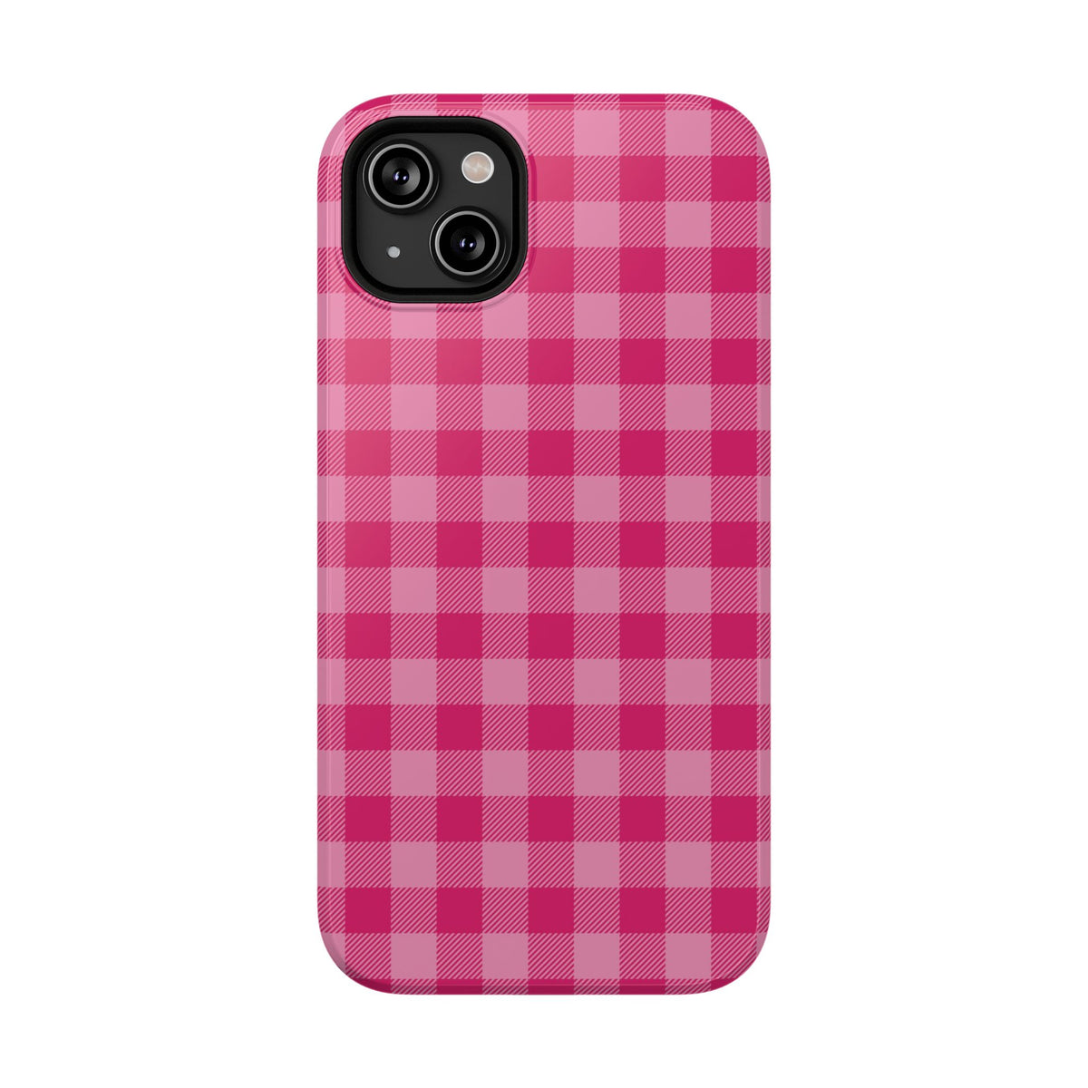 Pink Gingham protective phone case for iPhone 14 Plus, glossy finish
