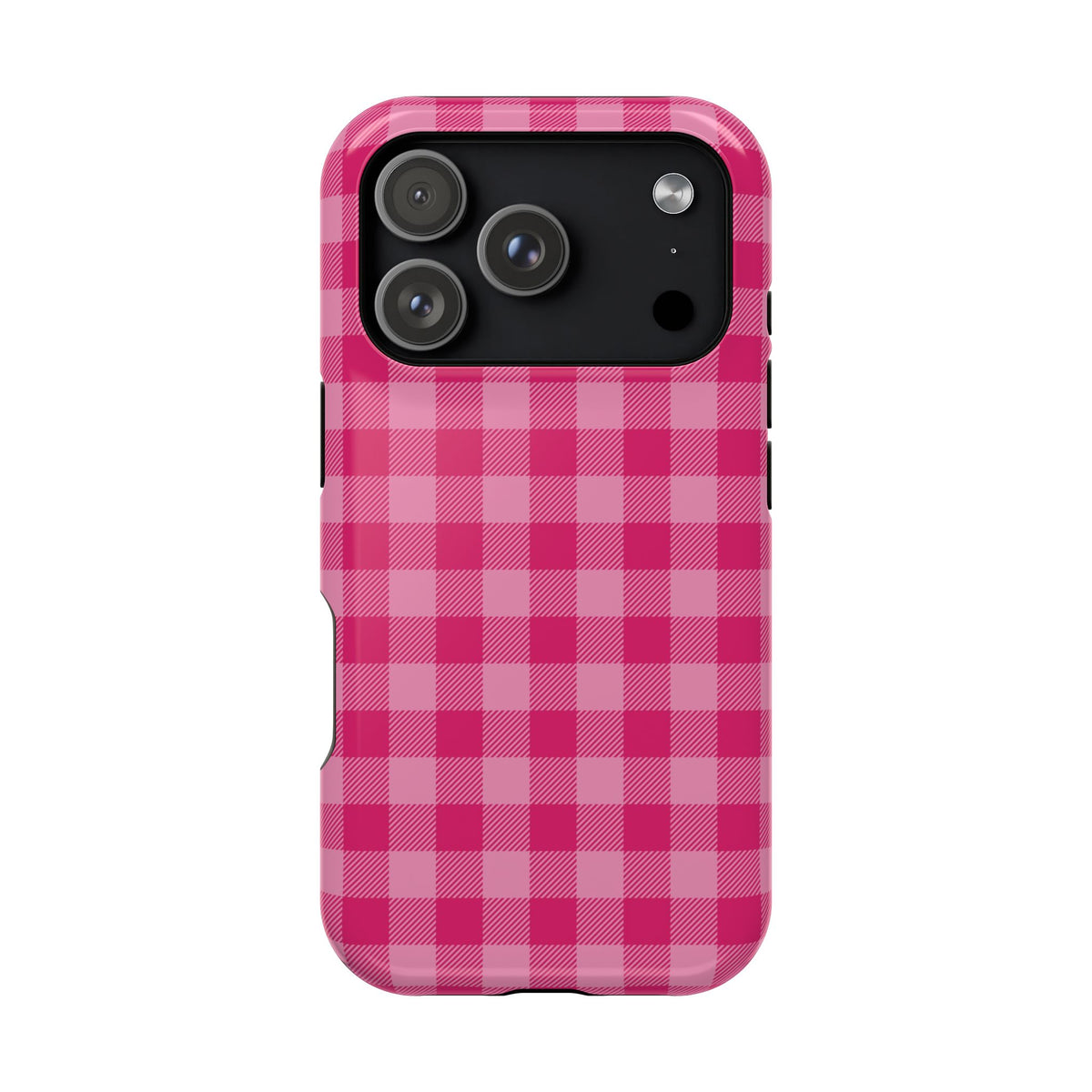 Pink Gingham protective phone case for iPhone 17 Pro, glossy finish